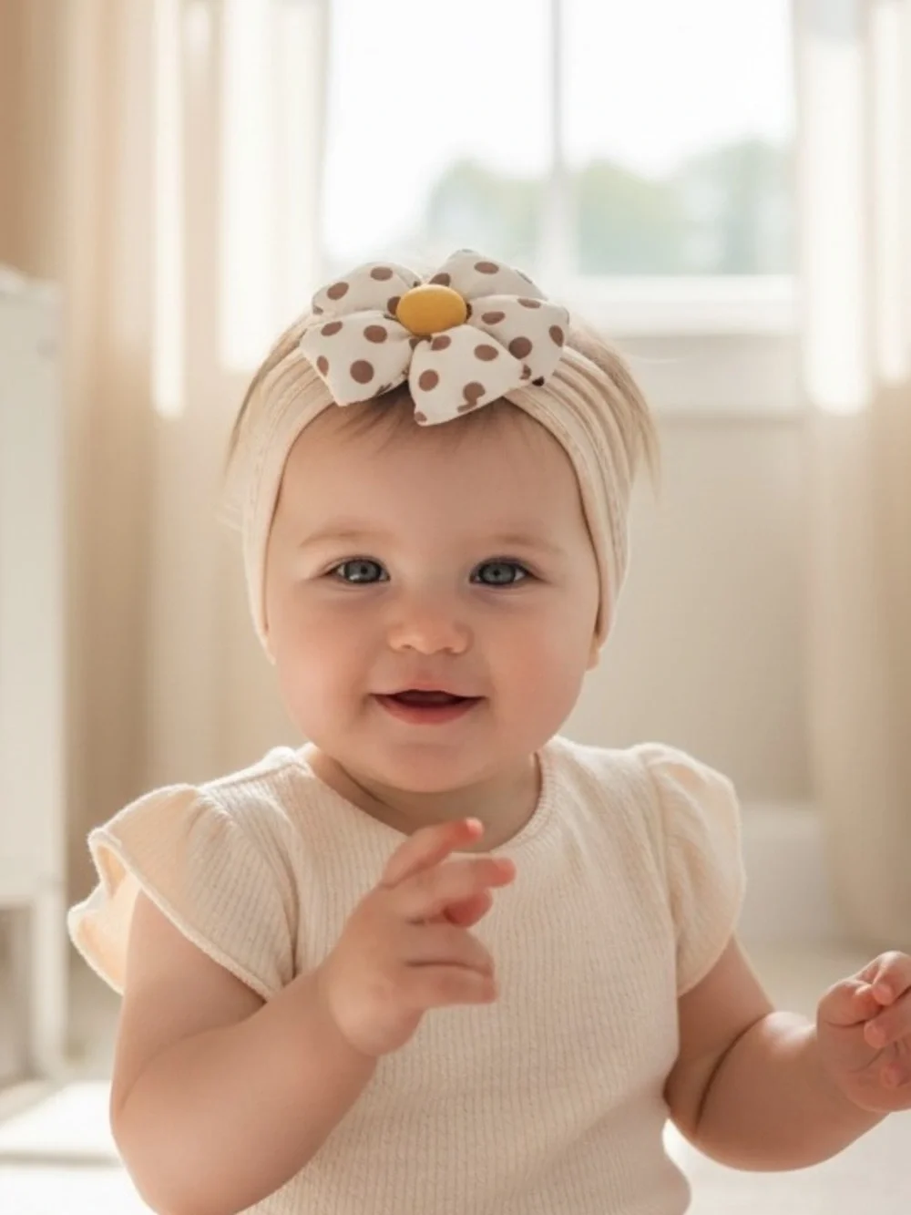 Neutral Polka Dot Flower Headband for Kids - Cream with Brown and Yellow Accent